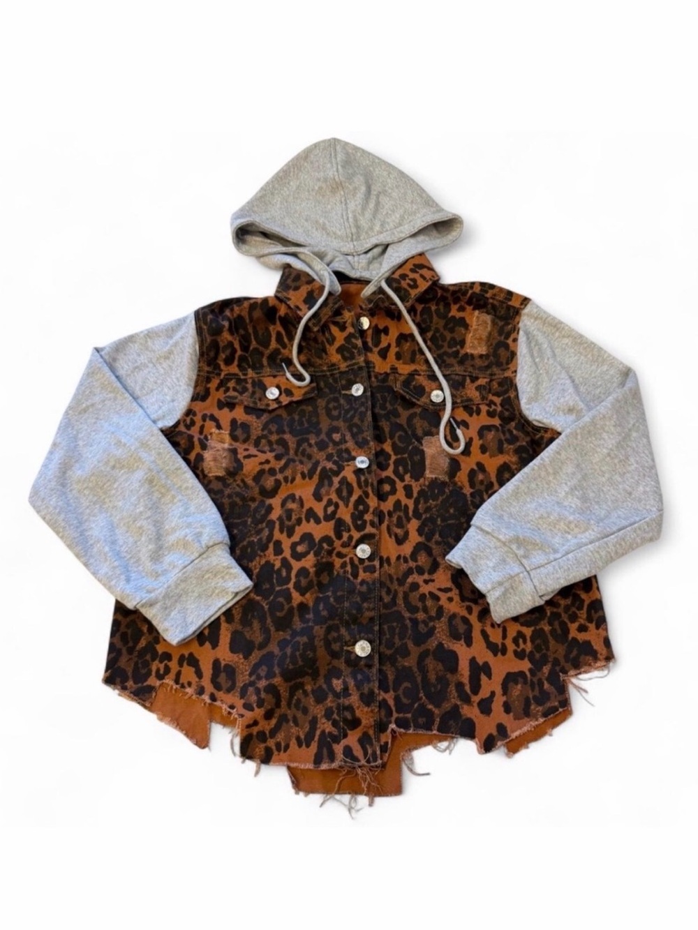 Leopard Print Hoodie Shacket Jacket Women’s Medium Boho Baddie Moto Grunge Brown